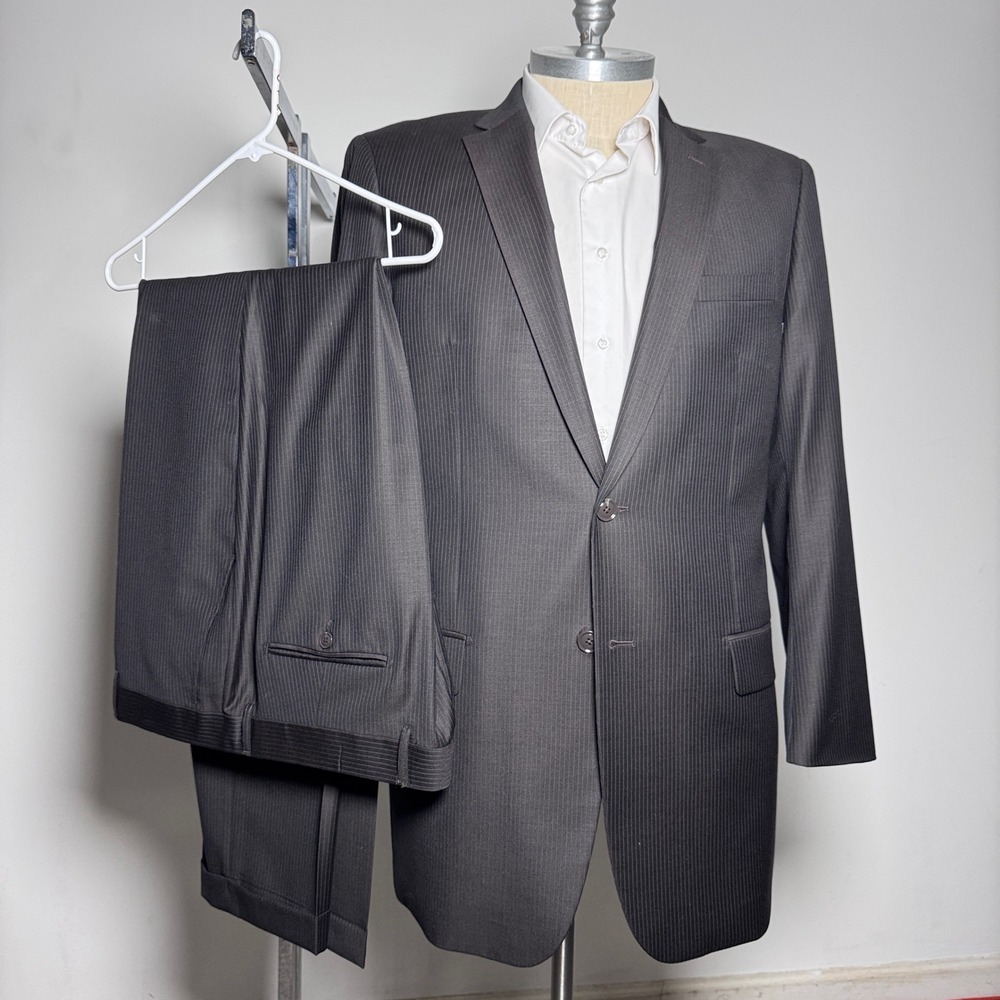 Arthur Black Suit Mens 46L 42x33 Charcoal‎ Gray Pinstripe 2-Button Flat Front